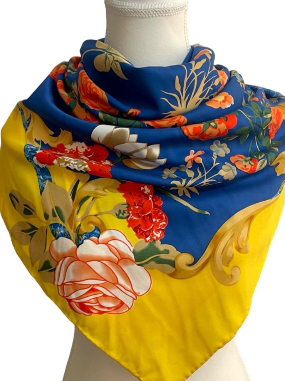 Floral Garden Print Silk Feel Scarf Oversized Square Wrap Blue Yellow Botanical